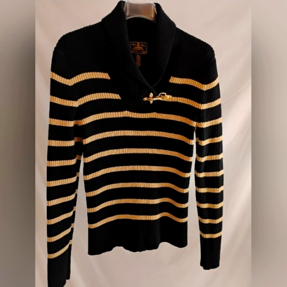 LAUREN RALPH LAUREN HEAVY WEIGHT  SHAWL COLLAR NAVY/GOLD STRIPED SWEATER XL USA